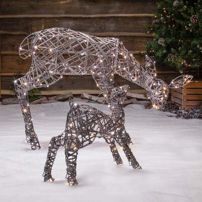 Christmas Reindeer Lights - 1M Grey Weave Light Up Mother & Baby with 250 White LEDs