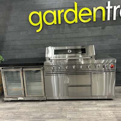 Ex Display Draco Grills 6 Burner Stainless Steel Outdoor Kitchen with Integrated Sear Station and Double Fridge Unit