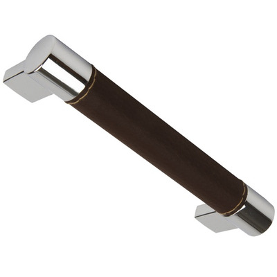 Hafele Domino Cupboard Bar Pull Handle (128mm OR 224mm c/c), Polished Chrome With Brown Leather Effect Centre - 113.98.212 POLISHED CHROME WITH BROWN  LEATHER - 128mm c/c