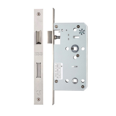 Zoo Hardware Vier 78mm c/c DIN Bathroom Lock (Square Or Radius Profile), Satin Stainless Steel - ZDL7855SS SATIN STAINLESS STEEL - 60mm BACKSET (RADIUS EDGE)