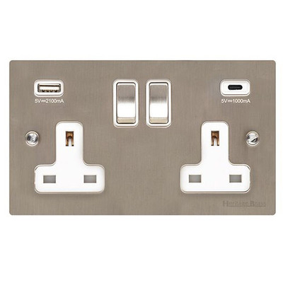 M Marcus Electrical Elite Flat Plate Range 2G 13A Socket with USB-A+C, Satin Nickel With White Trim - C-T05.755.SNW SATIN NICKEL - WHITE TRIM