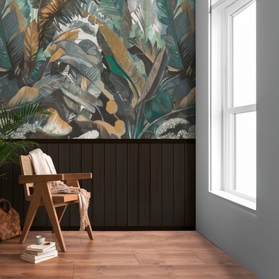 Tropical Leaf and Wood Slats 2 in 1 Vinyl Wallpaper Black AS Creation 39809-1

