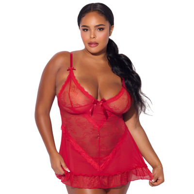 House Of Desire Kiki Lace Babydoll & Thong Set - Crimson Red