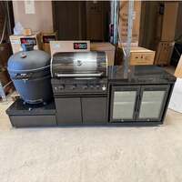 Ex Display Draco Grills 4 Burner BBQ Black Stainless Steel Modular Outdoor Kitchen with Kamado Egg and Double Fridge