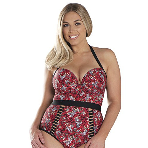 Curvy Kate Maya Halter Swimsuit - Red Leaf Print