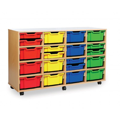 16 Deep Tray Storage Unit Beech Finish All Blue Trays
