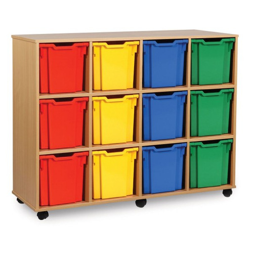 12 Jumbo Tray Storage Unit Beech Finish All Blue Trays