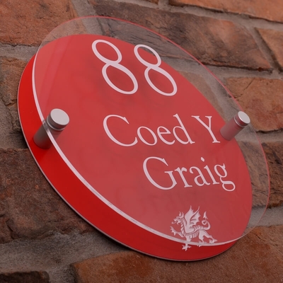 Modern Acrylic Round House Sign With Welsh Dragon Emblem