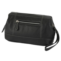 Image of German made Black Leather Wash Bag with White Contrast Stitching