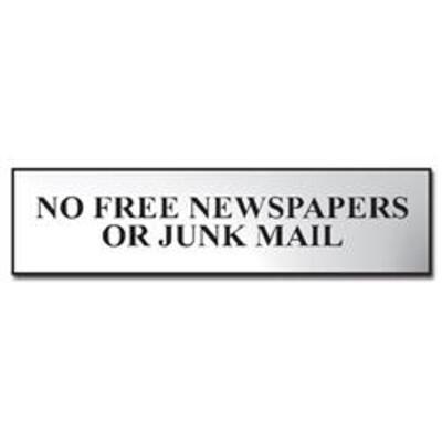 ASEC No Free Newspapers or Junk Mail 200mm x 50mm Metal Strip Self Adhesive Sign Chrome - AS11571