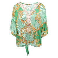 DB3 TIE FRONT CUT OUT SLEEVE BATWING PRINTED SUMMER TOP - GREEN - One Size