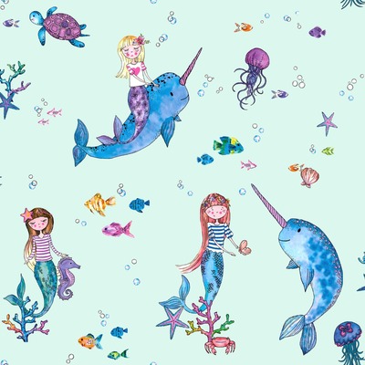 Over the Rainbow Narwhals and Mermaids Wallpaper Light Teal Holden 91011