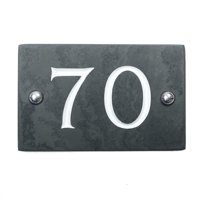 Slate house number 69 v-carved with white infill numbers