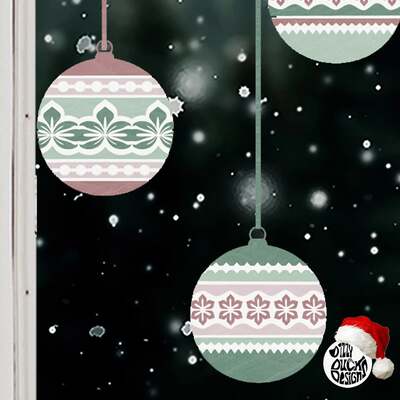10 Nordic Christmas Bauble Window Decals - Pink/Green - Medium Set