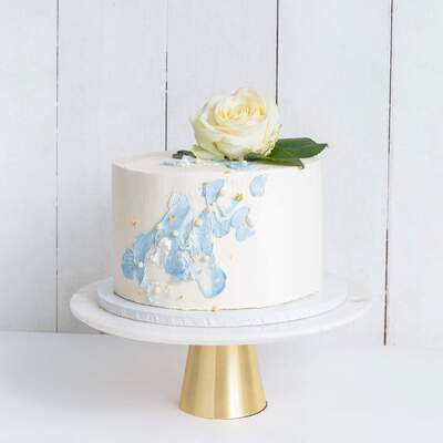 One Tier Watercolour Rose Wedding Cake - Blue - Medium 8"