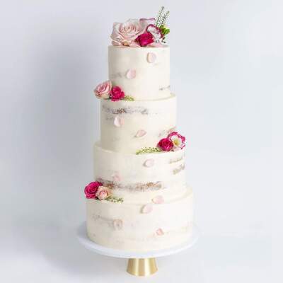 Four Tier Decorated Naked Wedding Cake - Pink & Petals - Four Tier (12", 10", 8", 6")