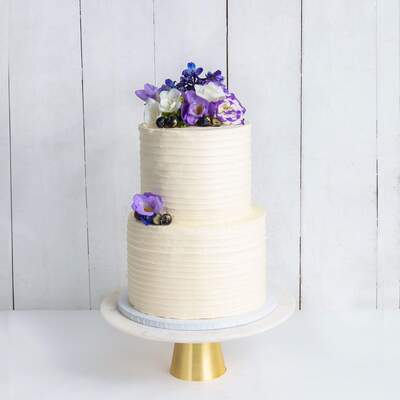 Two Tier Floral Ruffle Wedding Cake - Purple Floral - Two Tier (8", 6")