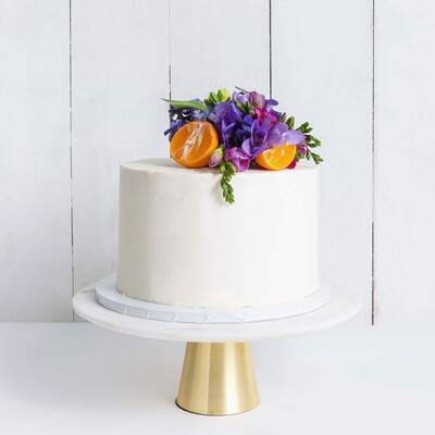 One Tier Decorated White Wedding Cake - Purple & Orange - Medium 8"