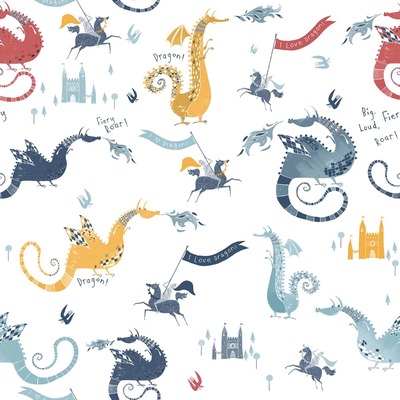 Tiny Tots 2 Dragons Wallpaper Navy Red Yellow Blue Galerie G78369