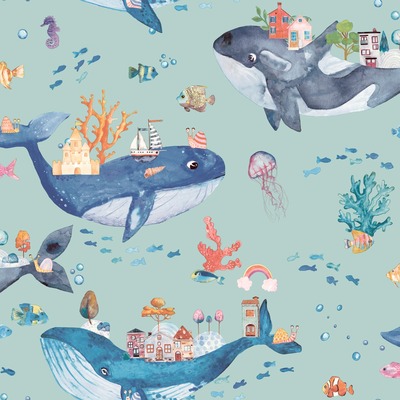 Whale Town Wallpaper Soft Teal Holden 13221