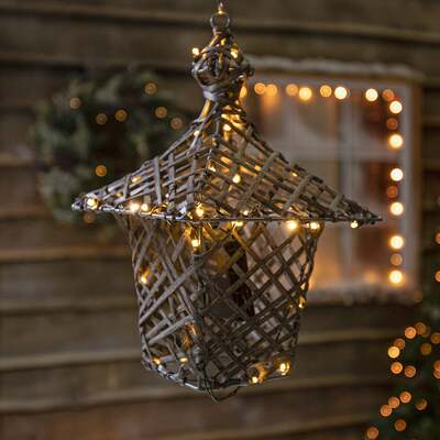 35CM Grey Wicker Christmas Lantern with 40 LEDS - Battery Operated