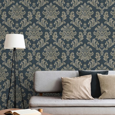 Louisa Damask Wallpaper Navy and Silver Metallic and Glitter Effect Grandeco A53801