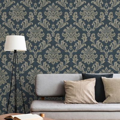 Louisa Damask Wallpaper Navy and Silver Metallic and Glitter Effect Grandeco A53801
