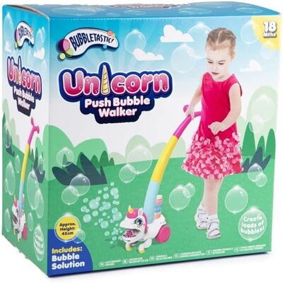 Girls Pink Unicorn Push Along Bubble Blowing Walker Toy