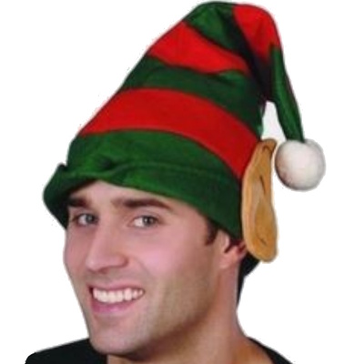 Adult Red & Green Elf Hat With Attached Pointed Ears