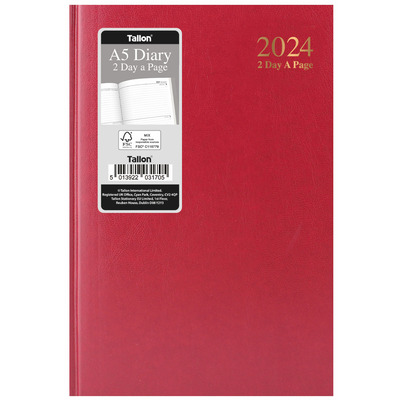 2024 A5 2 Day a Page Hardback Casebound Diary - Red