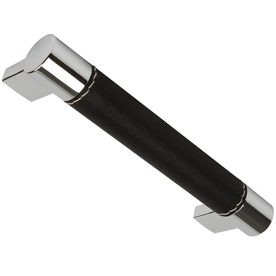 Hafele Domino Cupboard Bar Pull Handle (128mm OR 160mm c/c), Polished Chrome With Black Leather Effect Centre - 113.98.232 POLISHED CHROME WITH BLACK LEATHER - 128mm c/c