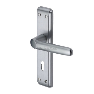 Heritage Brass Deco Door Handles On Backplate, Satin Chrome - DEC3000-SC (sold in pairs) LOCK (WITH KEYHOLE)