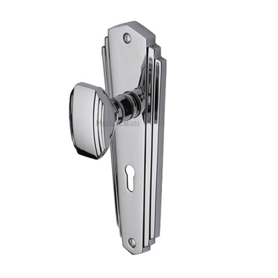 Heritage Brass Charlston Art Deco Style Door Knobs On Backplate, Polished Chrome - CHA1900-PC (sold in pairs) LOCK (WITH KEYHOLE)
