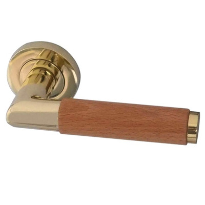 Frelan Hardware Reguitti Havanna Light Wood Door Handles On Round Rose, Polished Brass - JV455PB (sold in pairs) POLISHED BRASS WITH LIGHTWOOD HANDLE