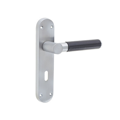 Frelan Hardware Ascot Suite Door Handles On Backplate, Satin Chrome With Black Leather Handle - JV4011SC (sold in pairs) LATCH