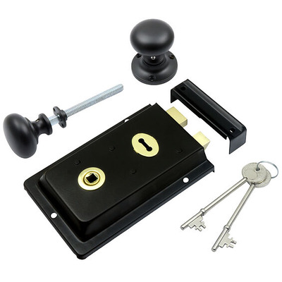 Prima Rim Lock (155mm x 105mm) With Mushroom Rim Knob (52mm), Black With Matt Black Knob - BH1015BL/MB (sold as a set) BLACK LOCK WITH MATT BLACK KNOB