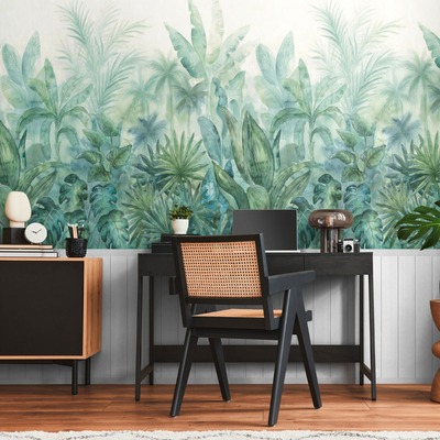 Tropical Plants and Wood Slats 2 in 1 Vinyl Wallpaper White AS Creation 39810-1
