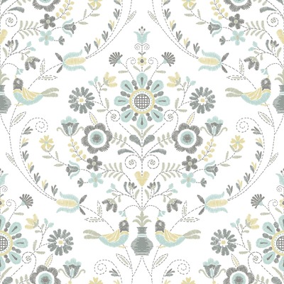 Britt Woodland Damask Vinyl Wallpaper Ochre / Turquoise Fine Decor FD26510
