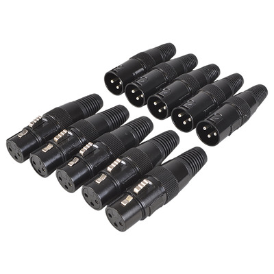 XLR 3 Pin Connector Pack with 5 Male and 5 Female XLR Connectors in Black