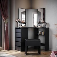 ELEGANT Corner Dressing Table Black Makeup Desk with 3 Angle Mirror and 5 Drawers with Cushioned Stool