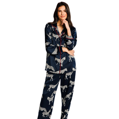 Chelsea Peers Satin Long Pyjama Set - Navy Zebra Print