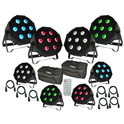 8 x RGBW LED Par Can Set with IR Remote, Bags & Cables