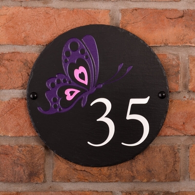 Round Rustic Slate House Number Butterfly