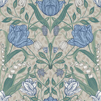 Image of Apelviken Tulip Wallpaper White Green Blue Galerie 33008