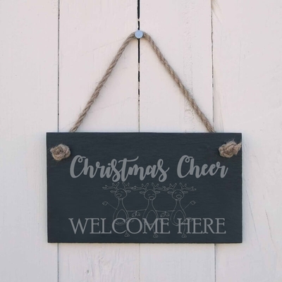 Christmas Slate hanging sign - "Christmas cheer welcome here"