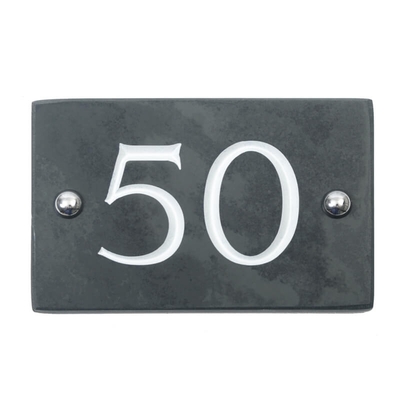 Slate house number 50 v-carved with white infill numbers