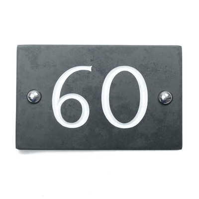 Slate house number 60 v-carved with white infill numbers