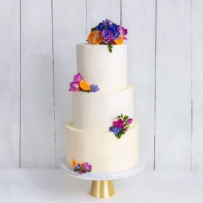 Three Tier Decorated White Wedding Cake - Purple & Orange - Three Tier (10", 8", 6")