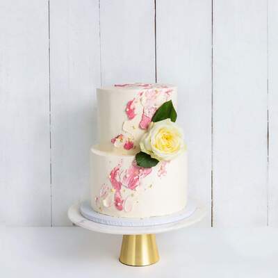 Two Tier Watercolour Rose Wedding Cake - Pink - Two Tier (8", 6")