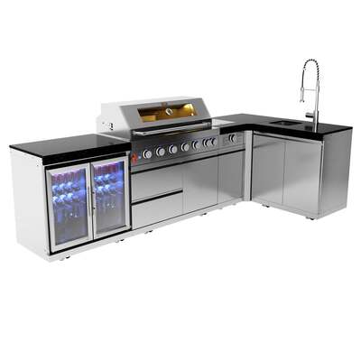 Draco Grills 6 Burner BBQ Modular Outdoor Kitchen with Sear Station, Double Fridge and Sink, Available Now / Without Granite Side Panels